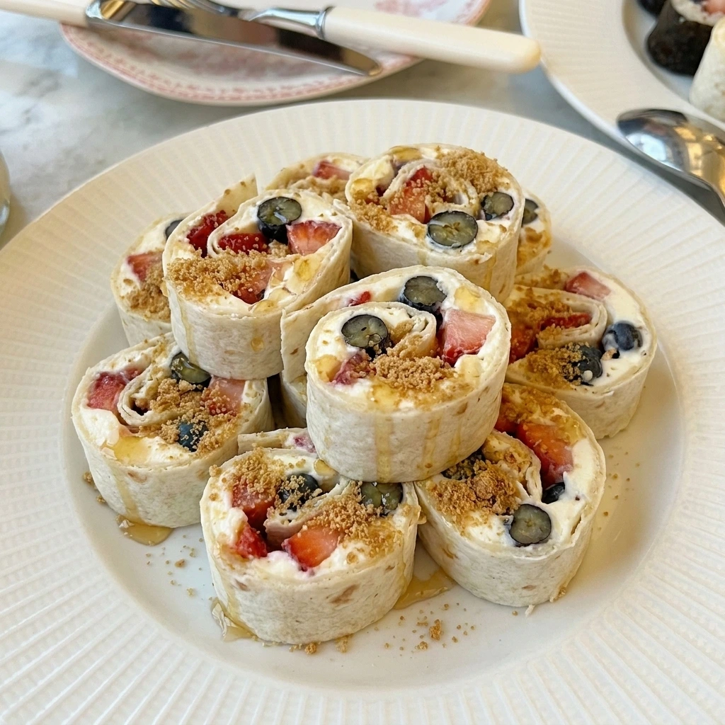 No Bake Cheesecake Sushi Rolls with strawberries blueberries and creamy filling