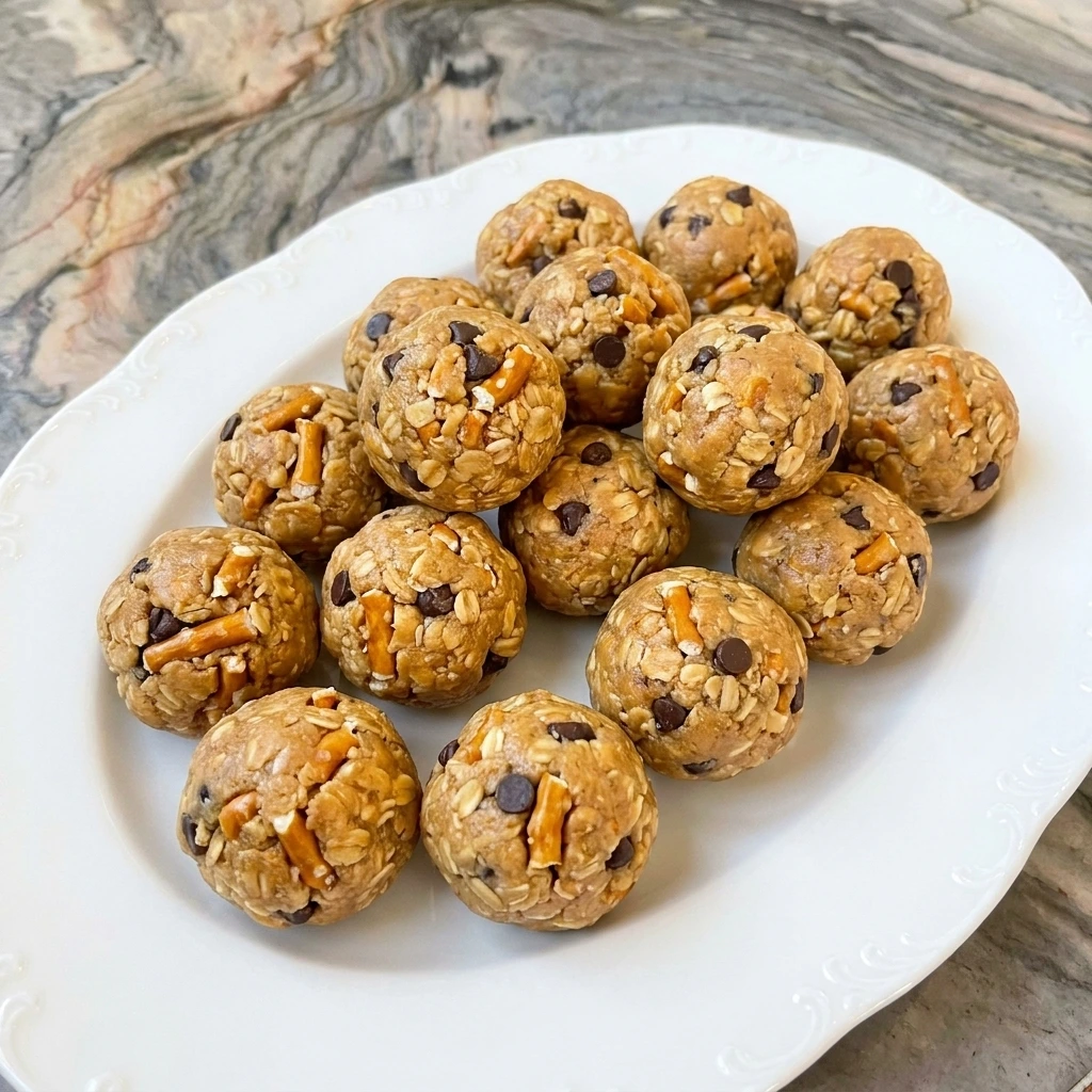 Peanut Butter Pretzel Energy Balls with oats pretzels and chocolate chips