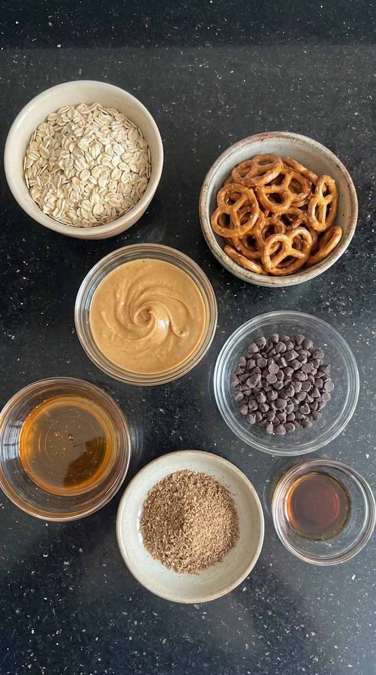 Ingredients for Peanut Butter Pretzel Energy Balls in separate small bowls