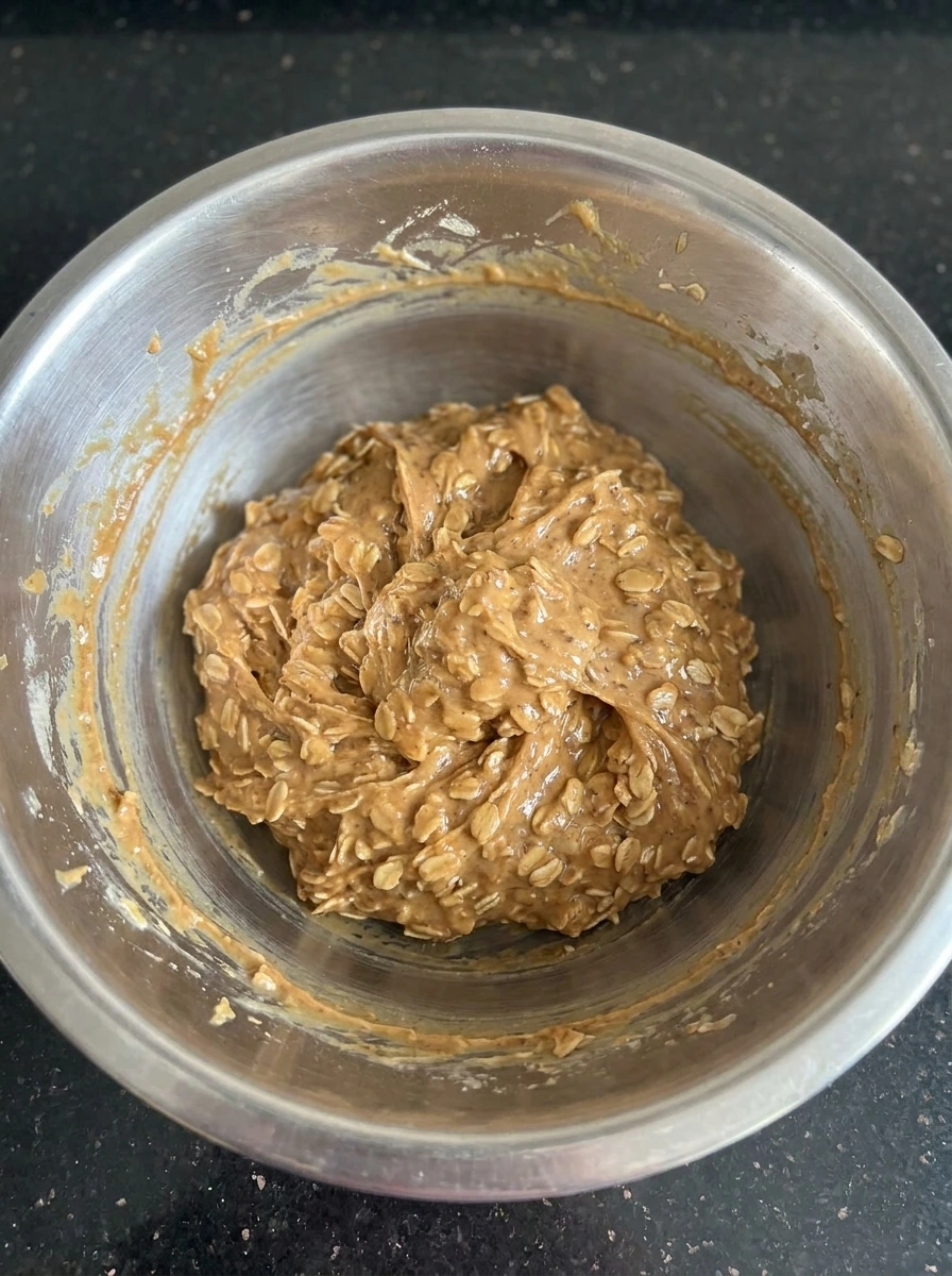 Sticky peanut butter oat mixture for Peanut Butter Pretzel Energy Balls