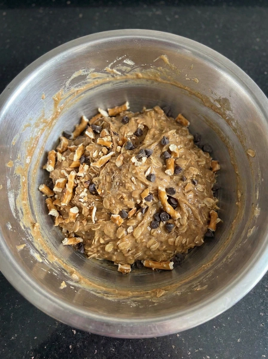 Pretzels and chocolate chips folded into Peanut Butter Pretzel Energy Balls mixture