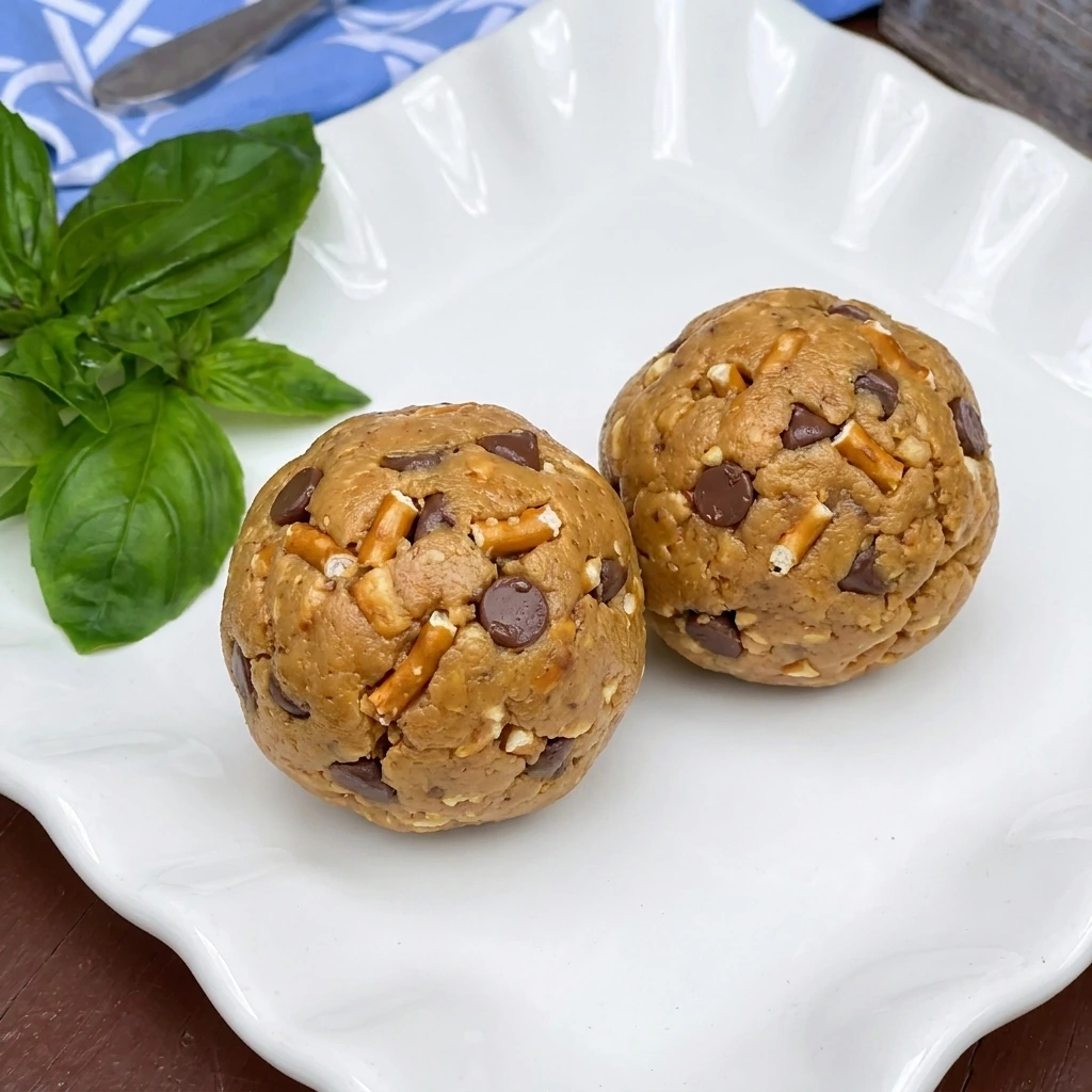 Two Peanut Butter Pretzel Energy Balls served on a white plate