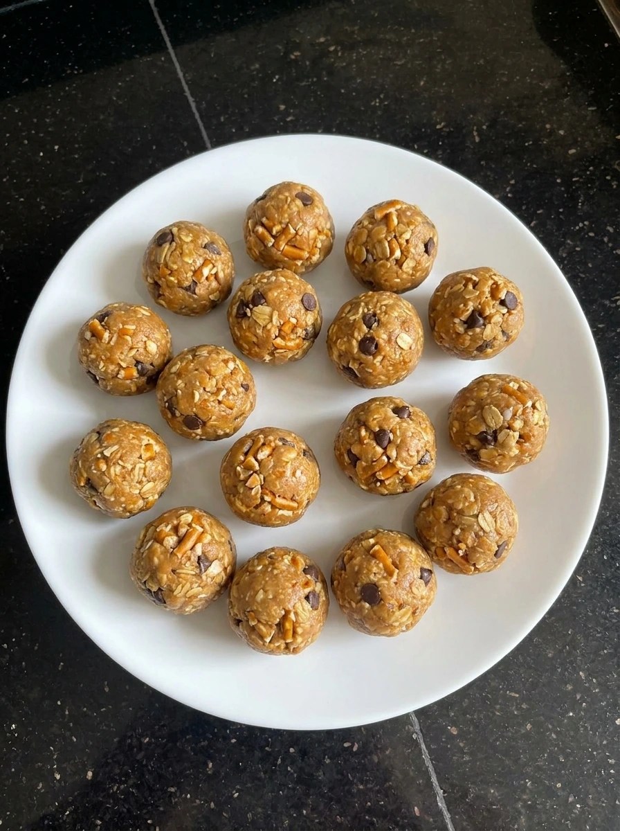 Sixteen shaped Peanut Butter Pretzel Energy Balls ready to serve