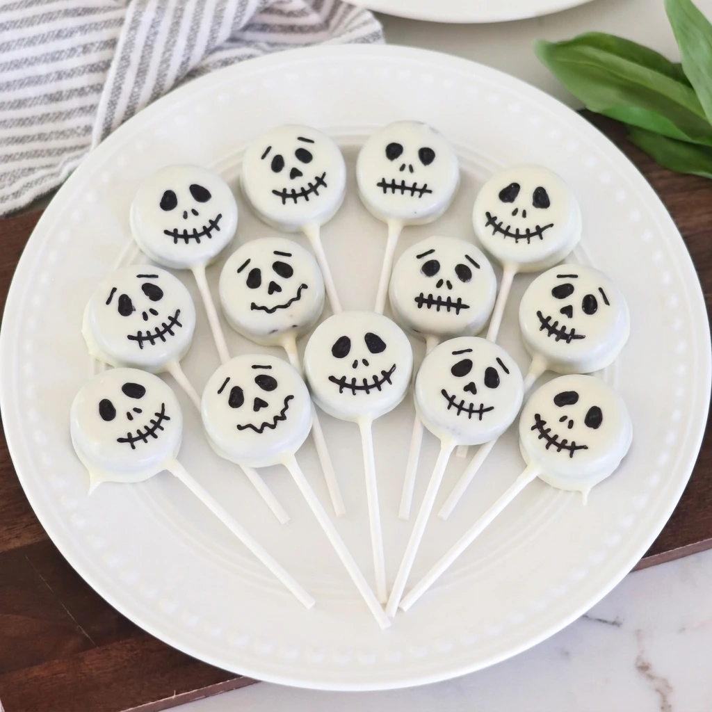 Skeleton Cookie Pops with white candy coating and black skeleton details