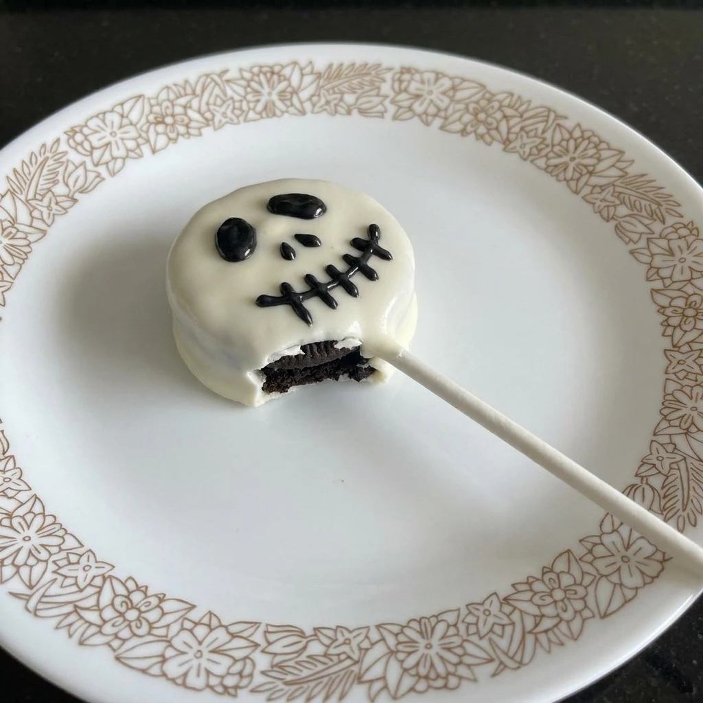 Single finished Skeleton Cookie Pop served on a white plate