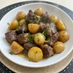 Slow Cooker Garlic Butter Beef Bites and Potatoes with tender beef and baby potatoes