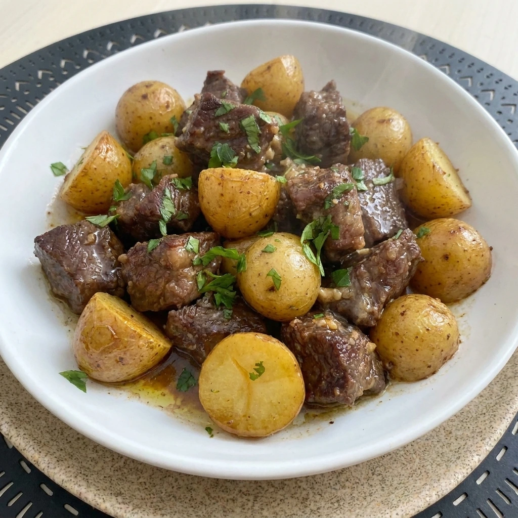 Slow Cooker Garlic Butter Beef Bites and Potatoes with tender beef and baby potatoes