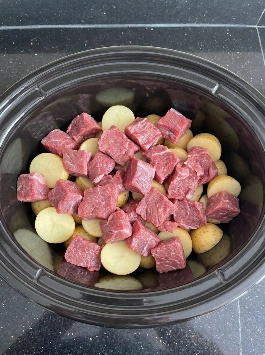 Beef bites and baby potatoes layered in a slow cooker