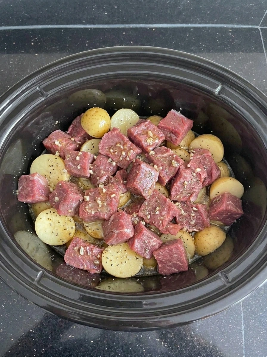 Beef bites and potatoes coated with garlic butter in slow cooker