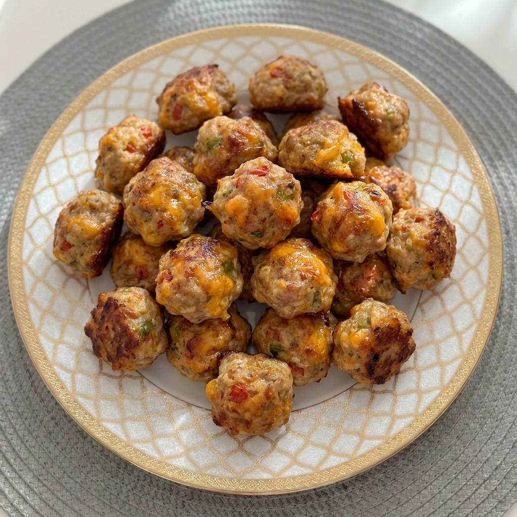 Golden Tomato and Green Chile Sausage Balls with cheddar on a white serving plate
