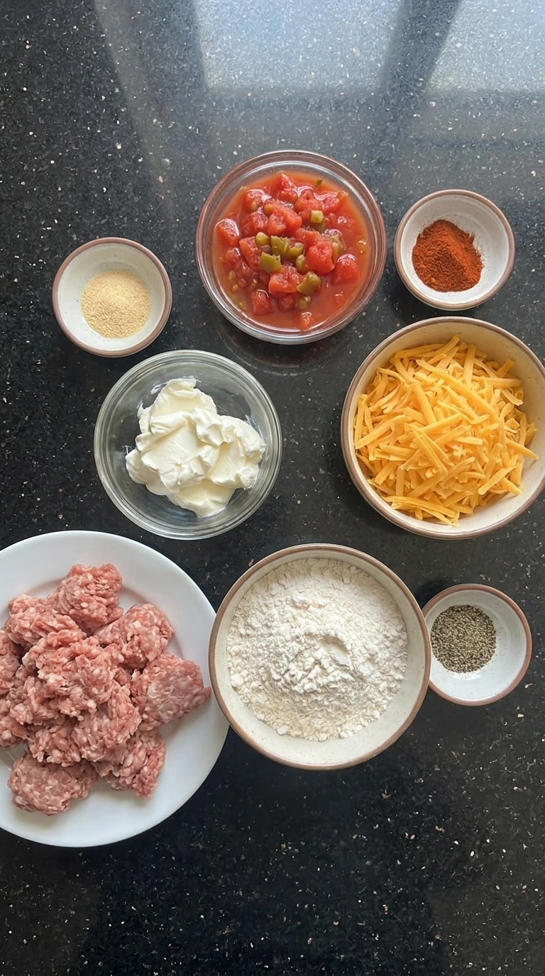 Ingredients for Tomato and Green Chile Sausage Balls in separate small containers