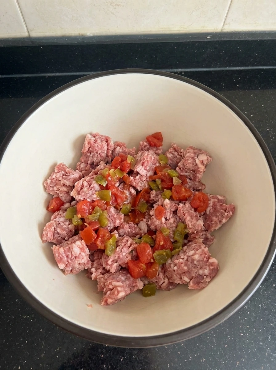Raw sausage partially mixed with drained tomatoes and green chiles