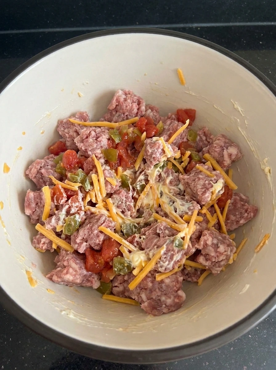 Sausage mixture folded with cheddar and cream cheese
