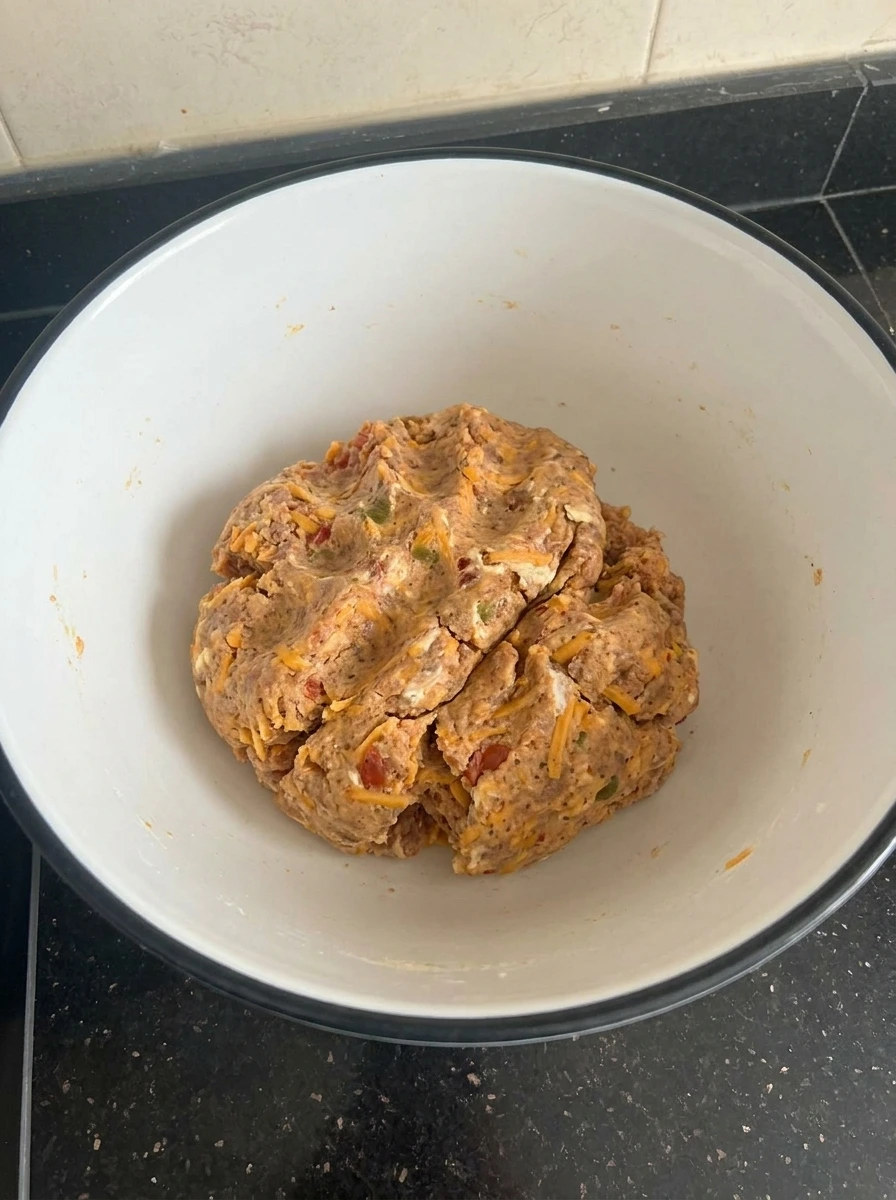 Cohesive sausage ball mixture after baking mix and seasonings are incorporated