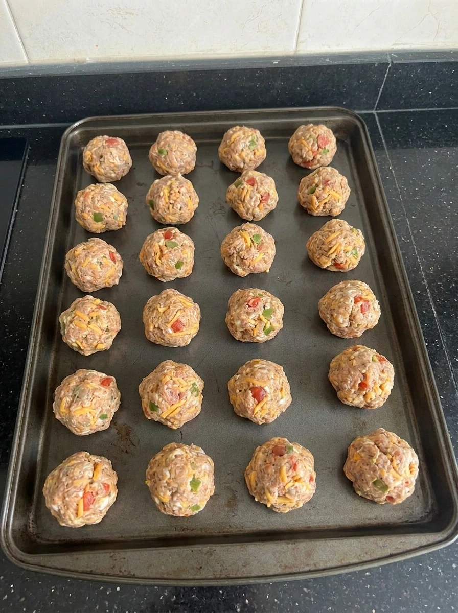 Twenty four shaped raw Tomato and Green Chile Sausage Balls on a baking tray