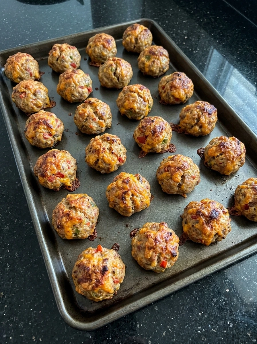Twenty four baked sausage balls with golden brown edges and visible tomato and green chile