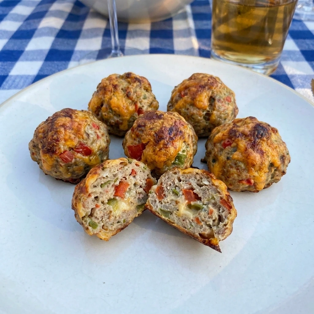 Six served Tomato and Green Chile Sausage Balls with one cut open